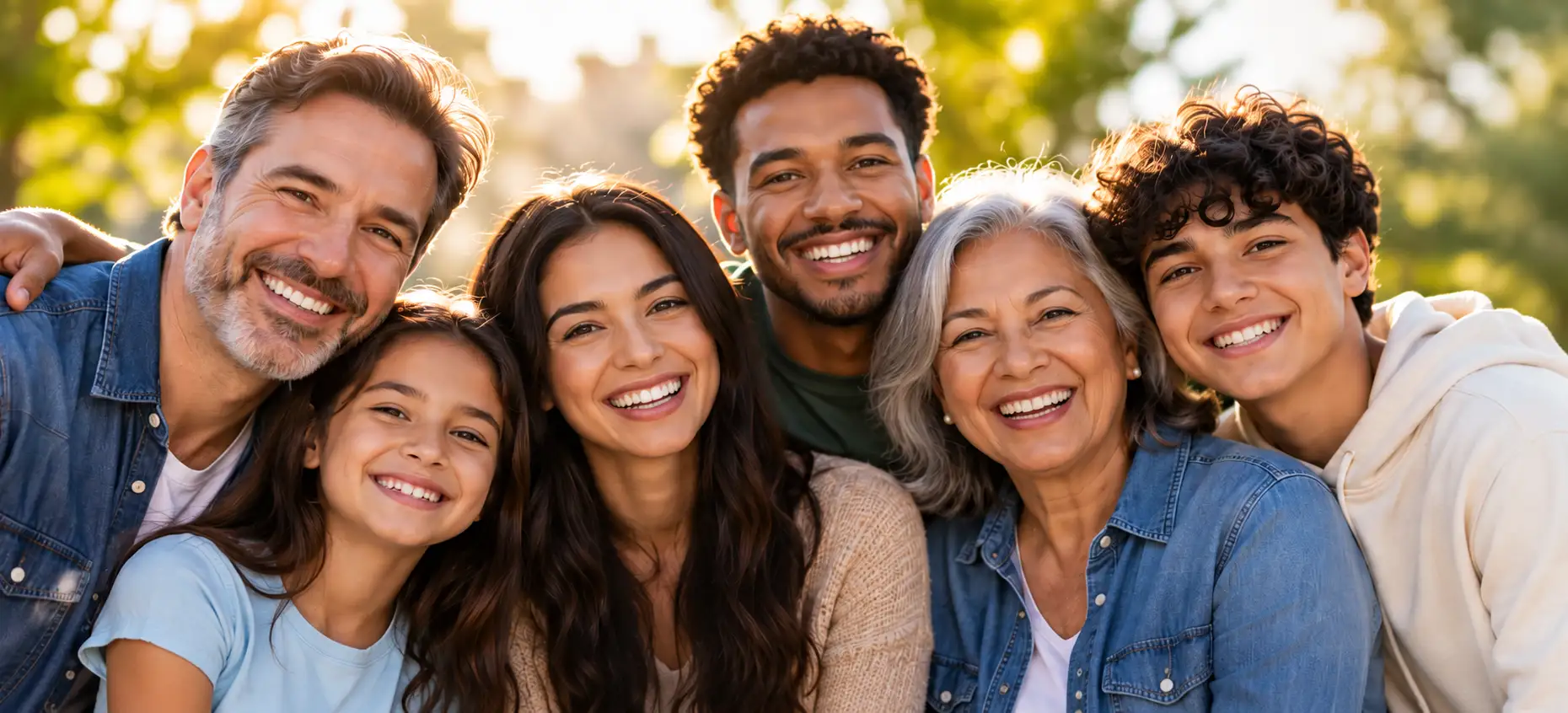A diverse, multigenerational group smiling together
